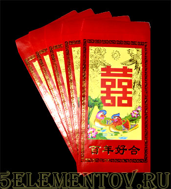 Набор из 5 тонких красных китайских конвертов для денег \"Утки - мандаринки\"